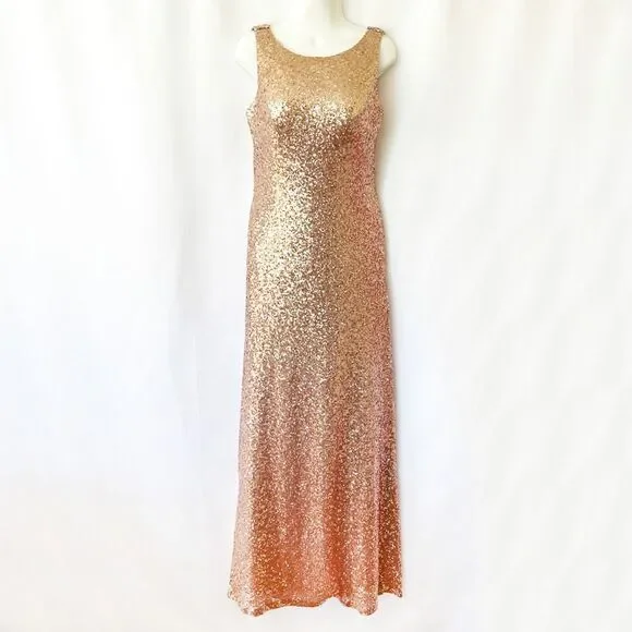 Christina Wu Rose Gold Sequin Dress (6) Bateau Neck Open Back Formal Gown 22704 - Picture 3 of 14
